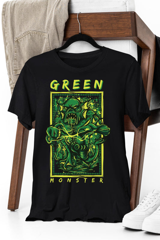 a black shirt with a green monster on it