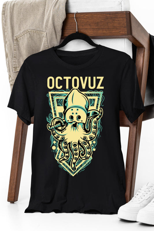 a black t - shirt with a picture of an octopus on it