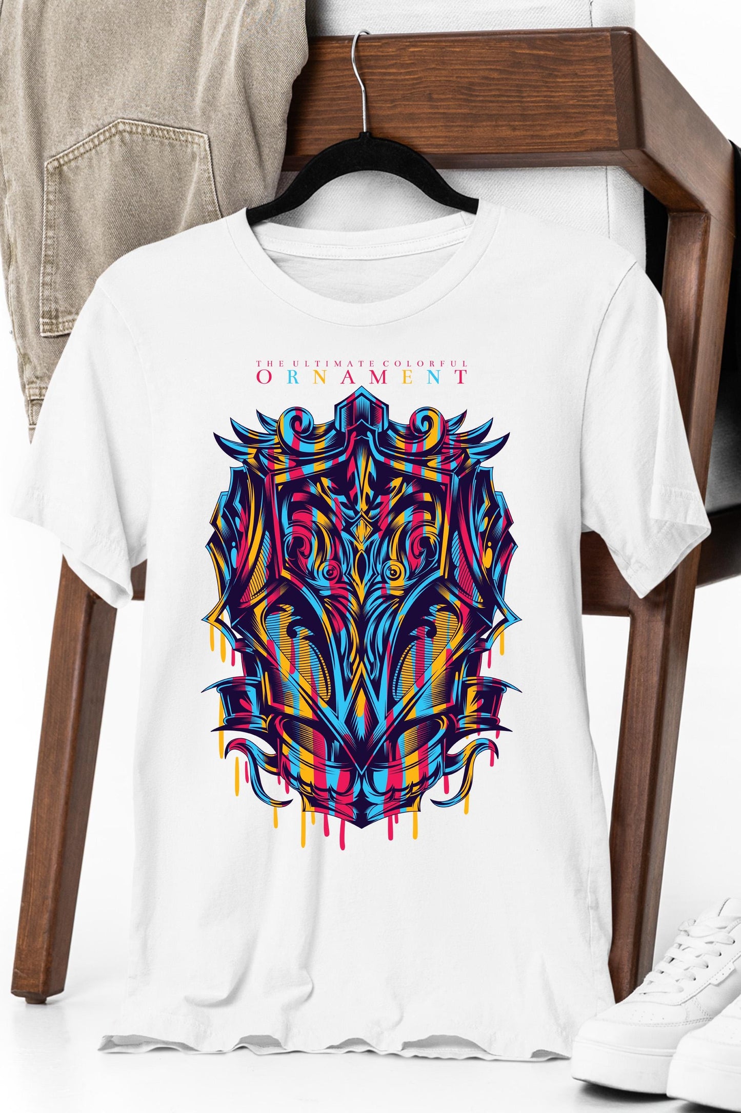 a white t - shirt with a colorful design on it