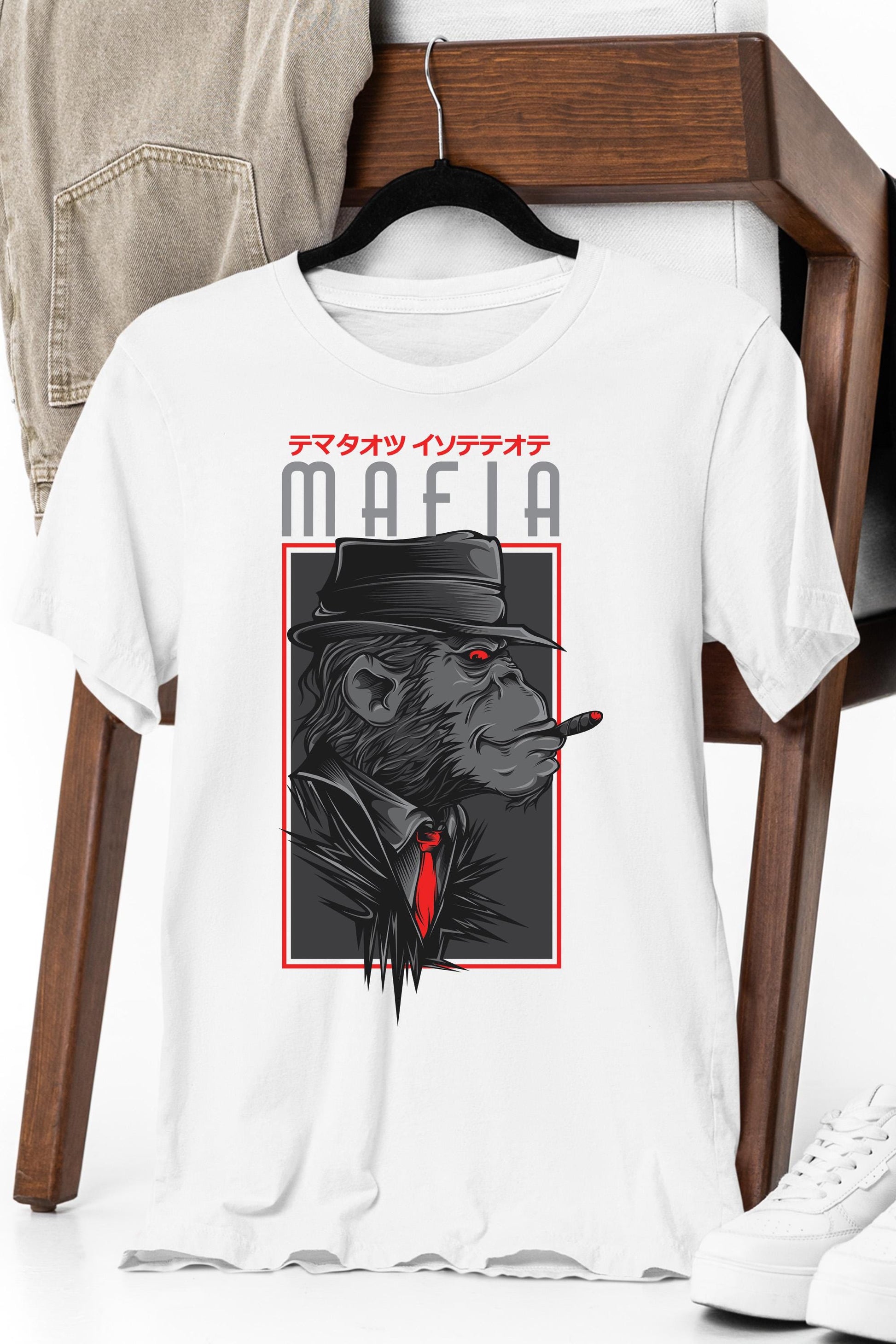 a white t - shirt with a picture of a man wearing a hat and a