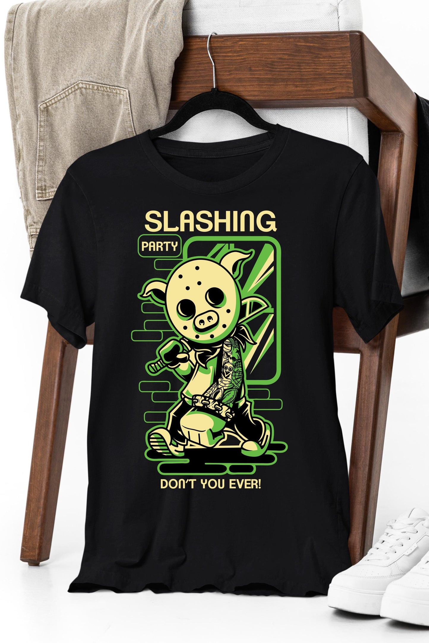a black shirt with a cartoon character on it
