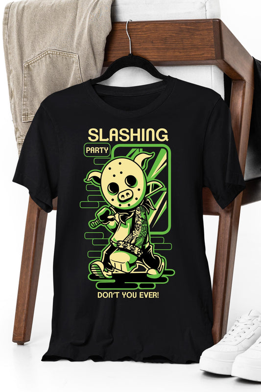 a black shirt with a cartoon character on it