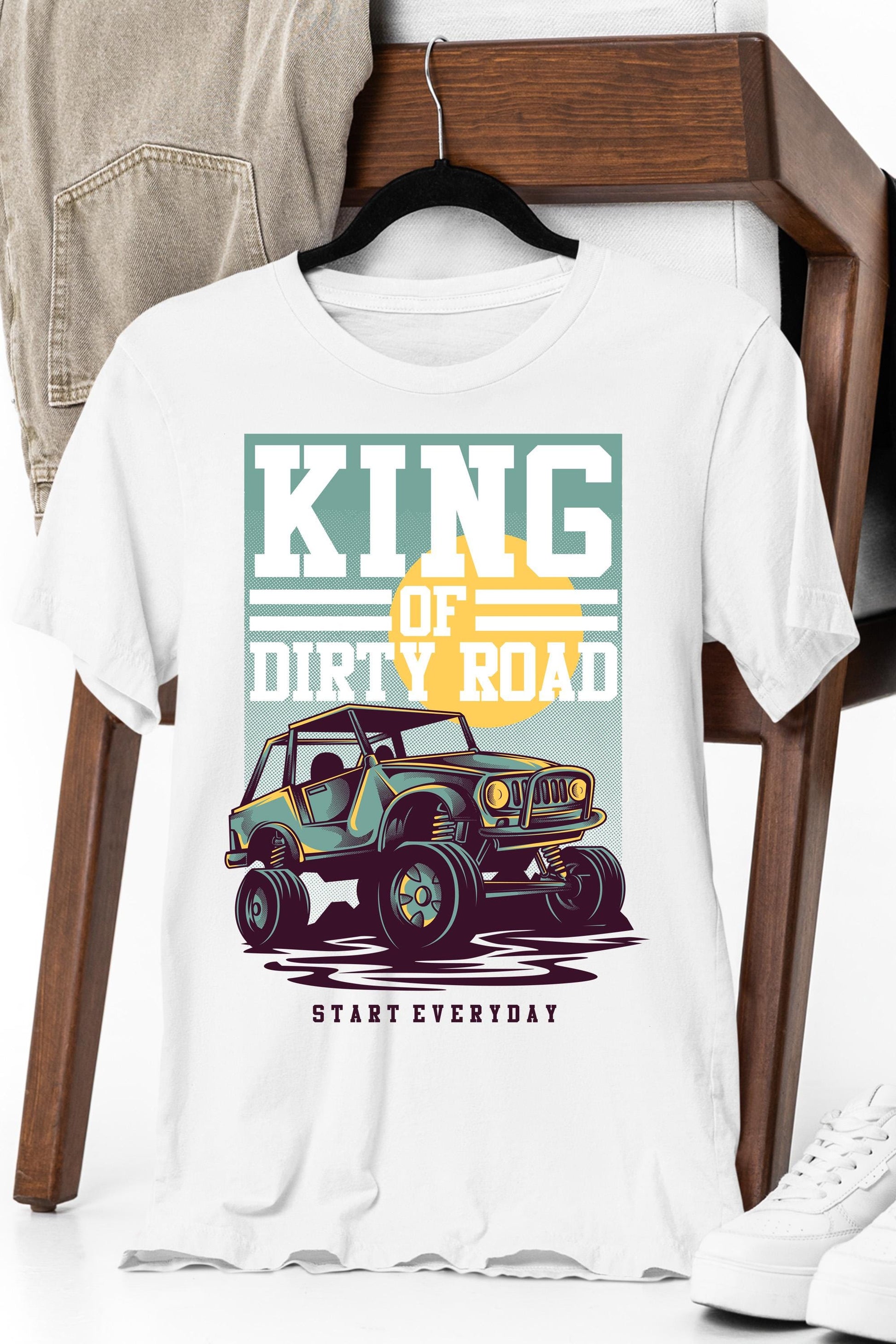 a white t - shirt with a jeep on it