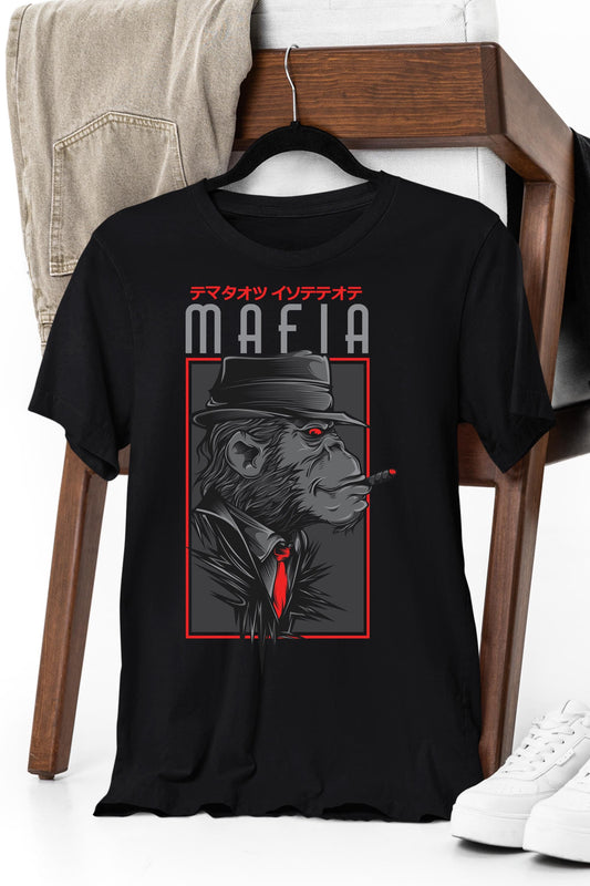 a black t - shirt with a picture of a man smoking a cigarette