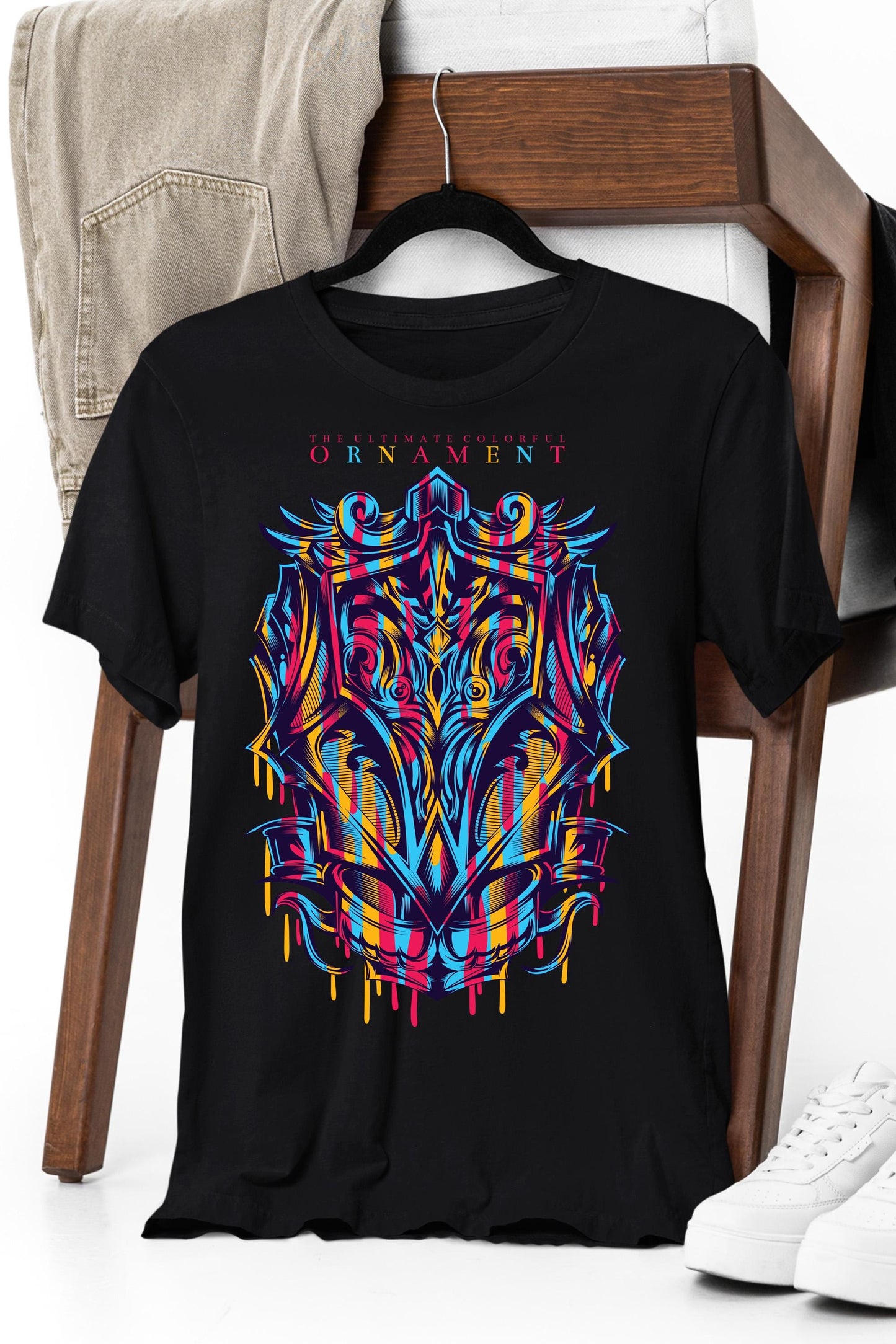 a black t - shirt with a colorful design on it