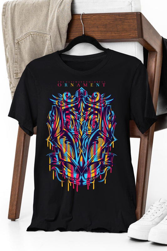 a black t - shirt with a colorful design on it