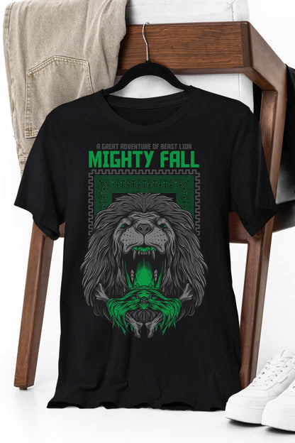a black t - shirt with a green lion on it