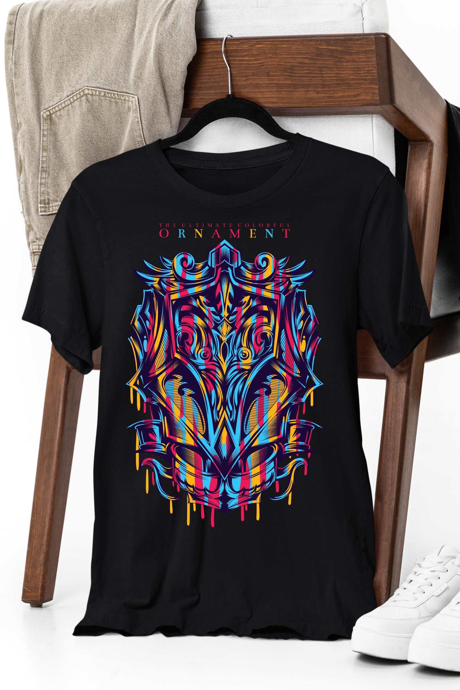 a black t - shirt with a colorful design on it