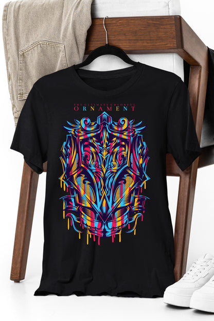 a black t - shirt with a colorful design on it